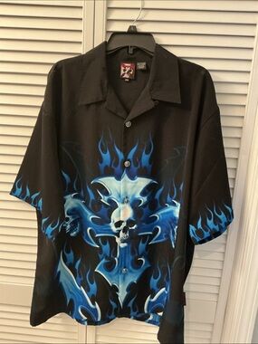 Men's Black Button-Down Shirt with Blue Flame Skull Graphic